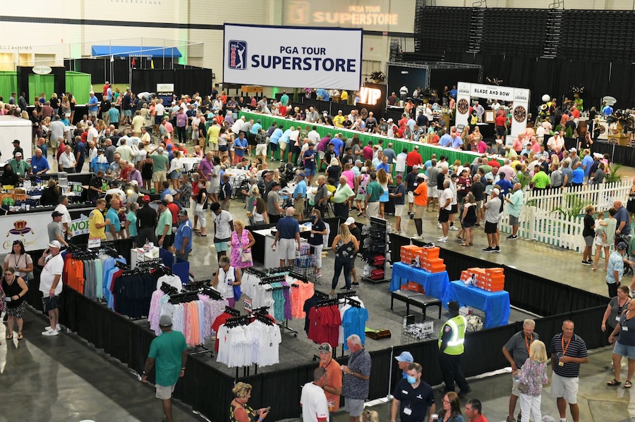 Overhead picture of the 120,000-square-foot Myrtle Beach Convention Center transformed into an all-inclusive golf and culinary experience at the World’s Largest 19th Hole at the Play Golf Myrtle Beach World Am